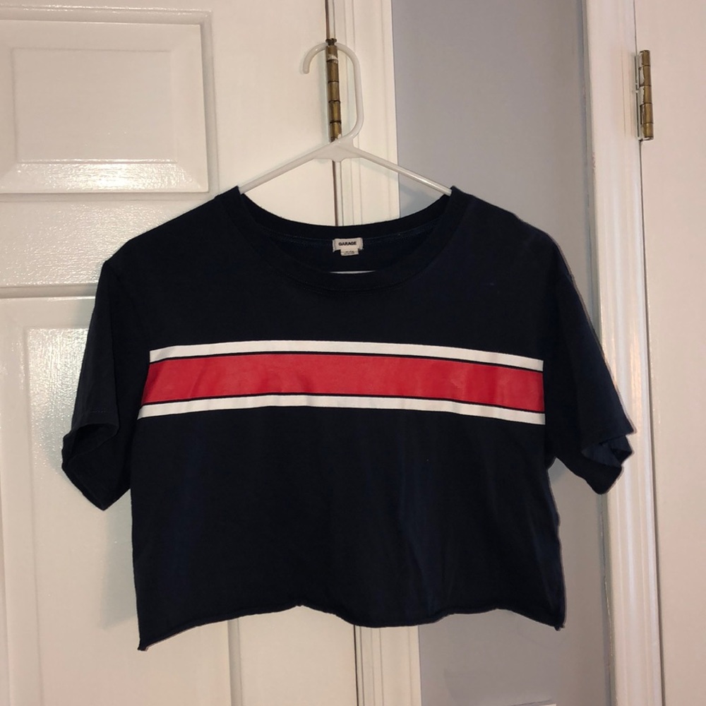 Blue, white, and red cropped tee
